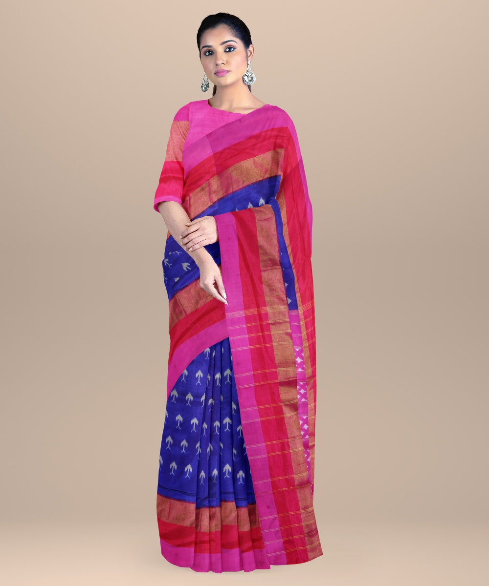 Neon blue pink handwoven pochampally ikat silk saree