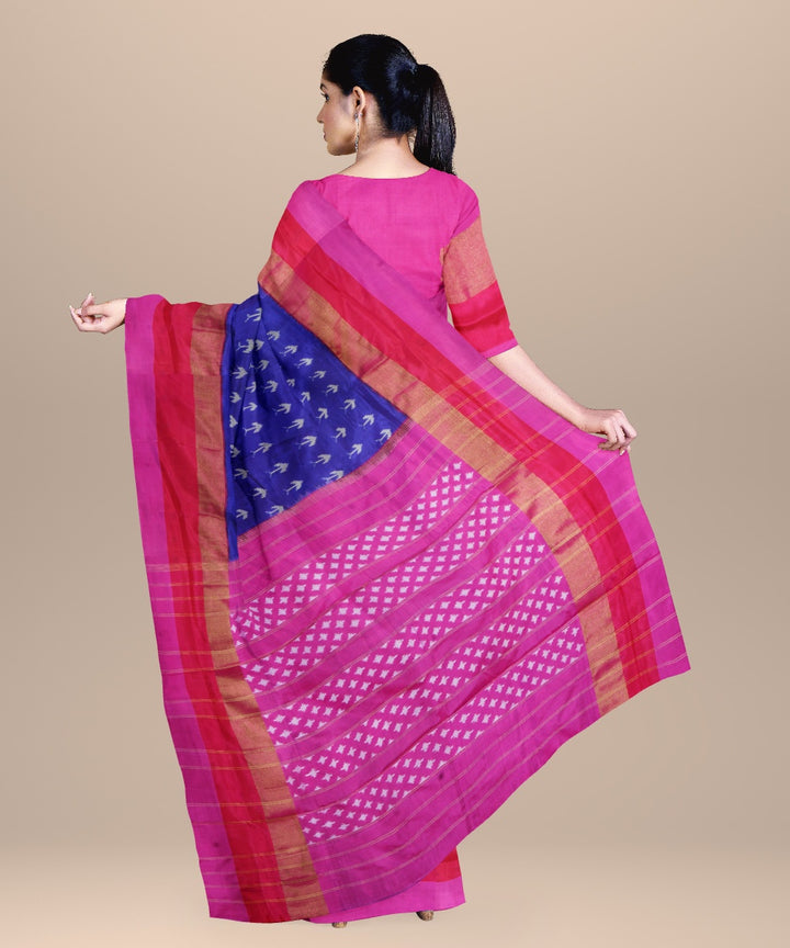 Neon blue pink handwoven pochampally ikat silk saree