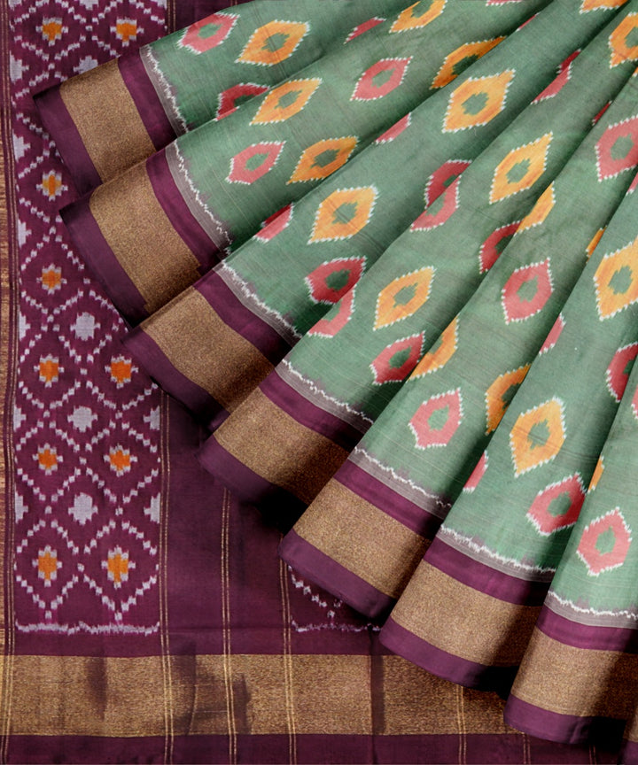 Light green maroon handwoven pochampally ikat silk saree