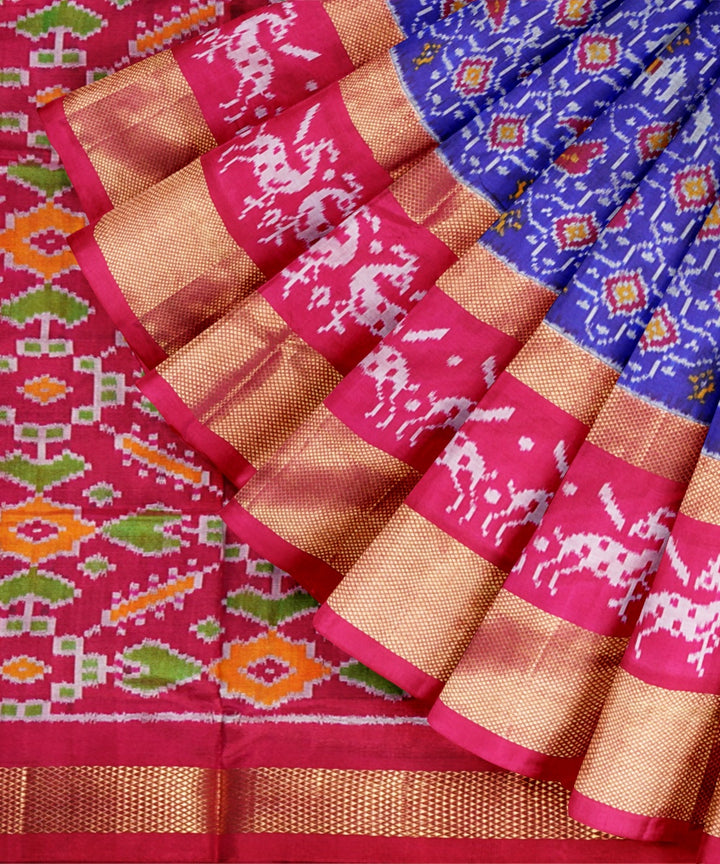 Neon blue crimson red handwoven pochampally ikat silk saree