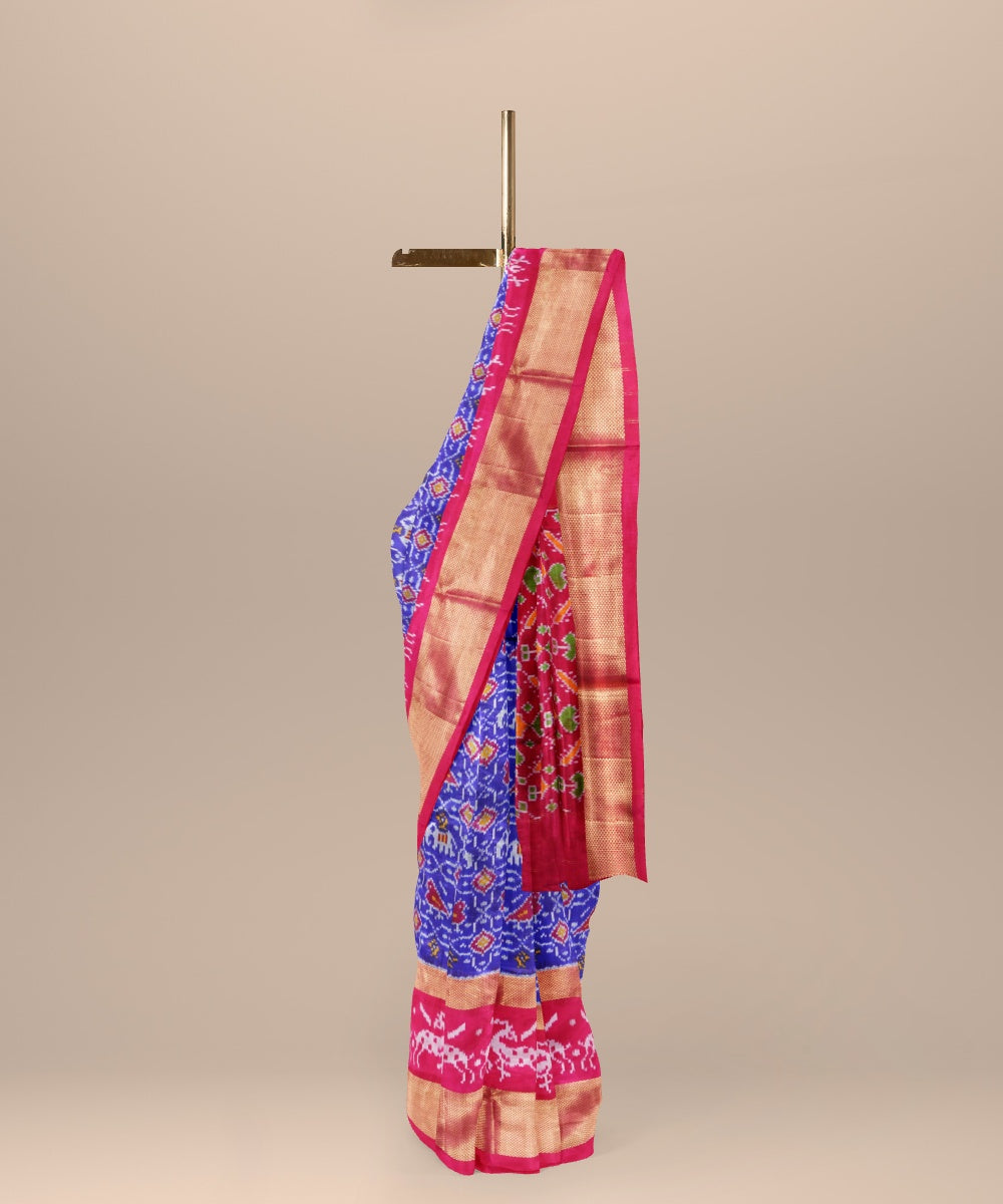 Neon blue crimson red handwoven pochampally ikat silk saree