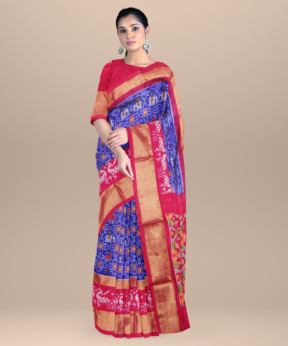 Neon blue crimson red handwoven pochampally ikat silk saree