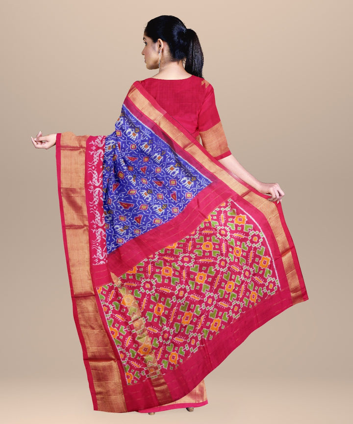 Neon blue crimson red handwoven pochampally ikat silk saree