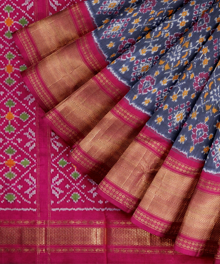 Dark green pink handwoven pochampally ikat silk saree