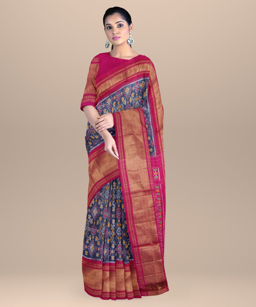 Dark green pink handwoven pochampally ikat silk saree