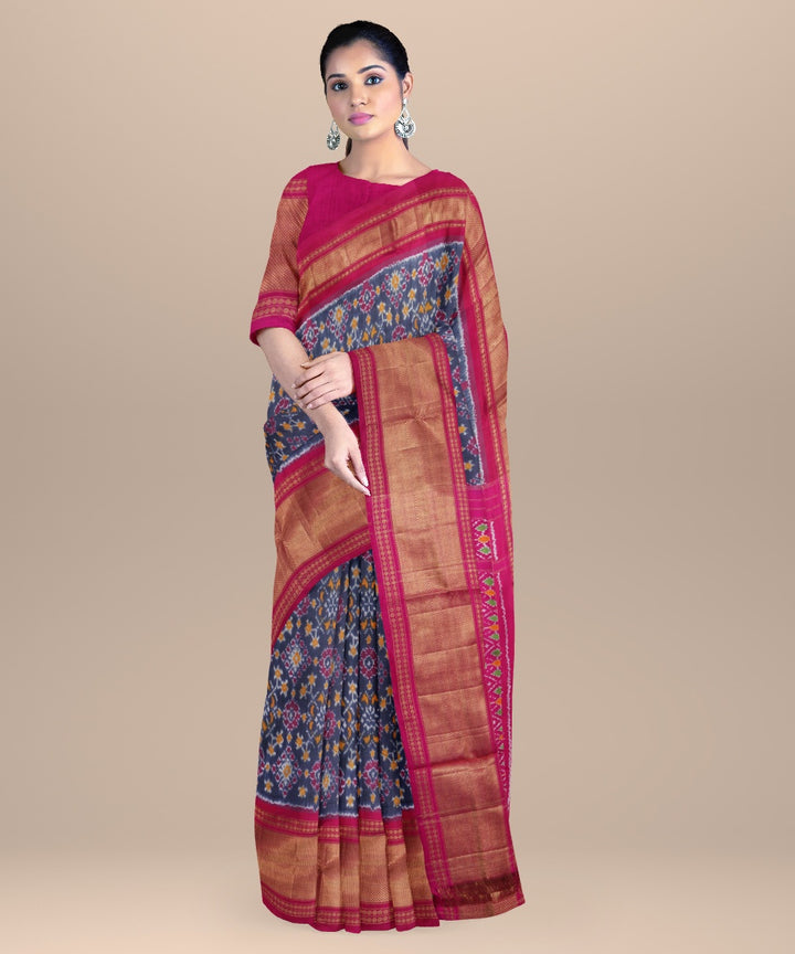 Dark green pink handwoven pochampally ikat silk saree