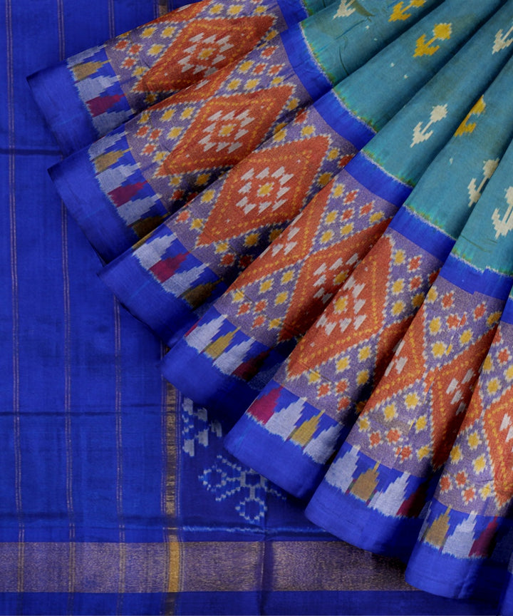 Light green neon blue handwoven pochampally ikat silk saree