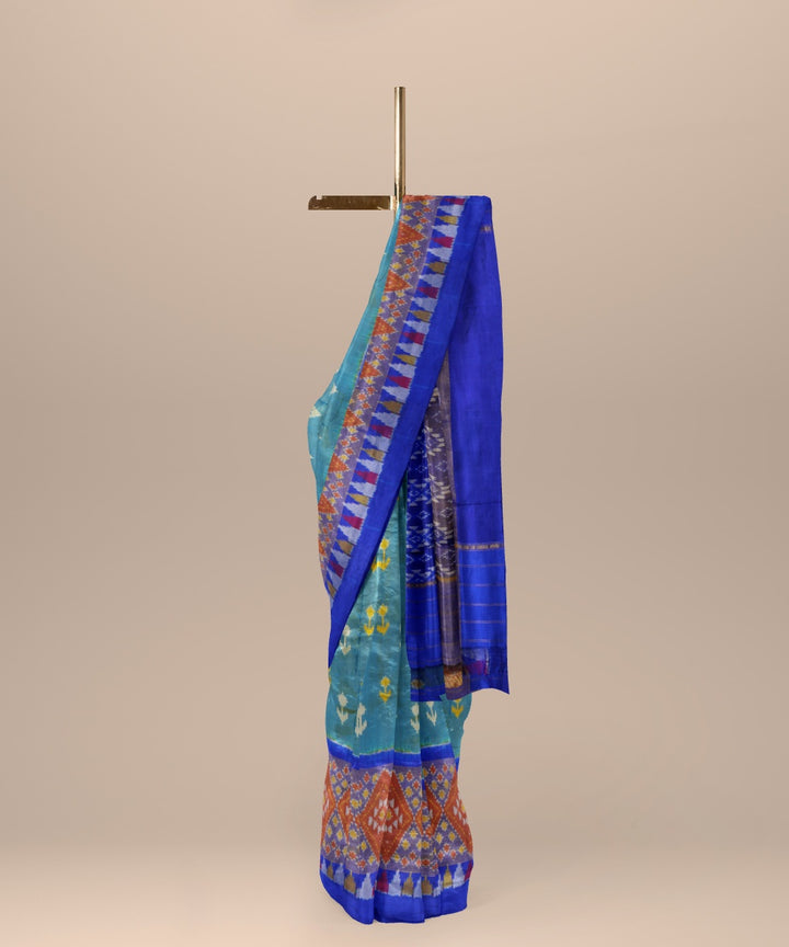 Light green neon blue handwoven pochampally ikat silk saree