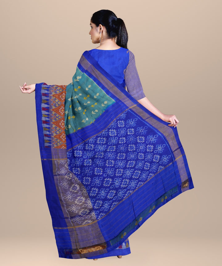 Light green neon blue handwoven pochampally ikat silk saree