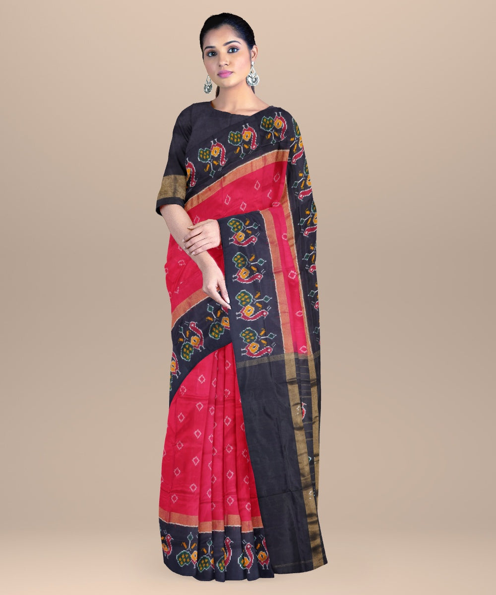 Red black handwoven pochampally ikat silk saree