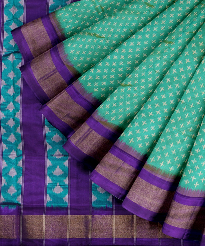 Emerald green sapphire blue handwoven pochampally ikat silk saree