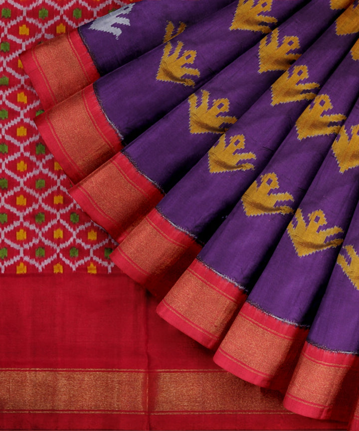 Navy blue cherry red handwoven pochampally ikat silk saree