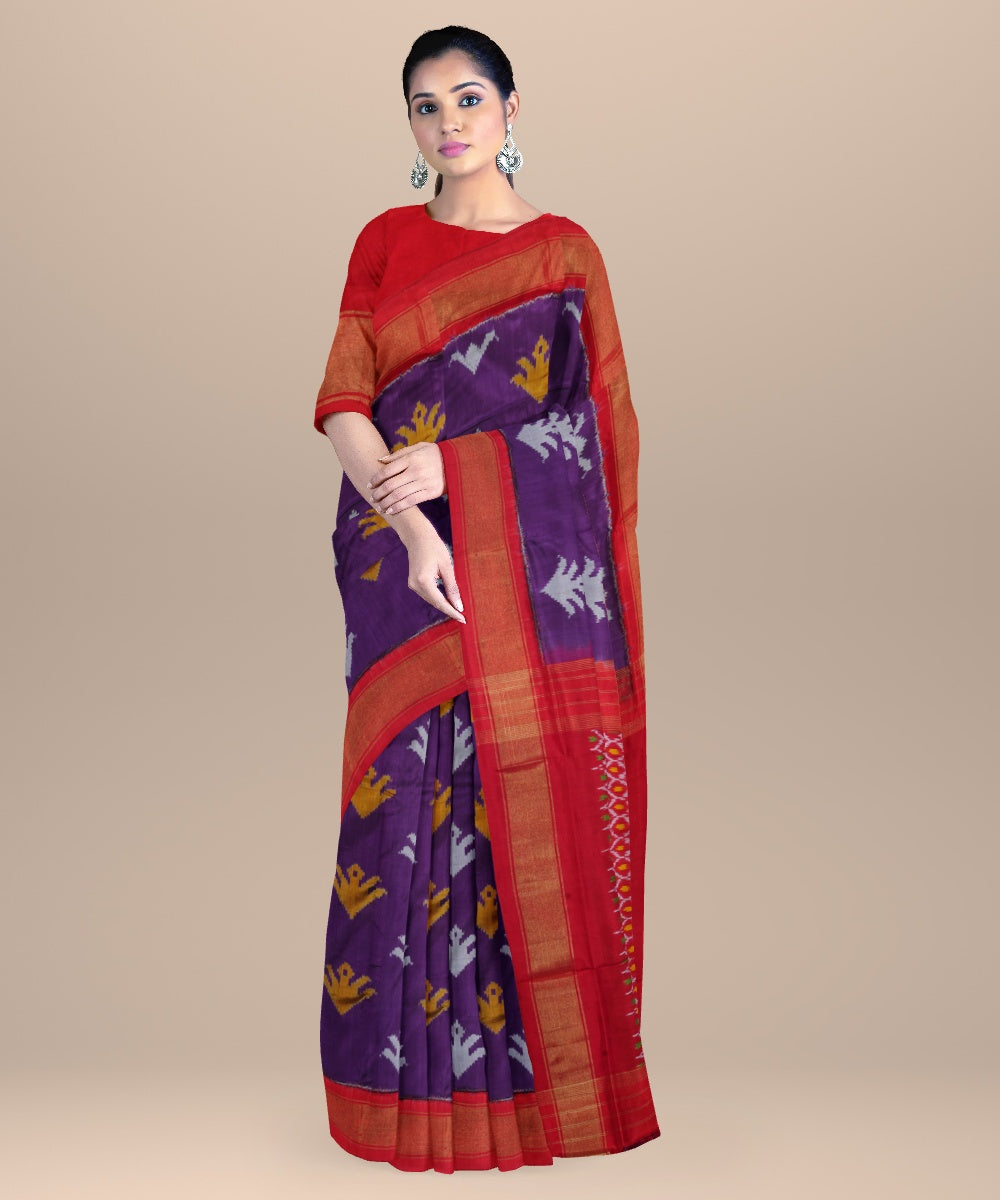 Navy blue cherry red handwoven pochampally ikat silk saree