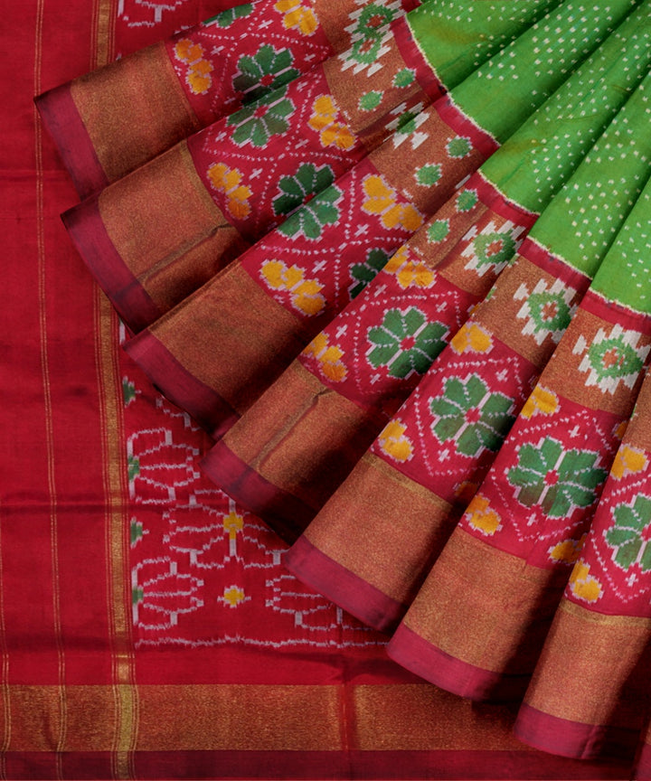 Light green red handwoven pochampally ikat silk saree