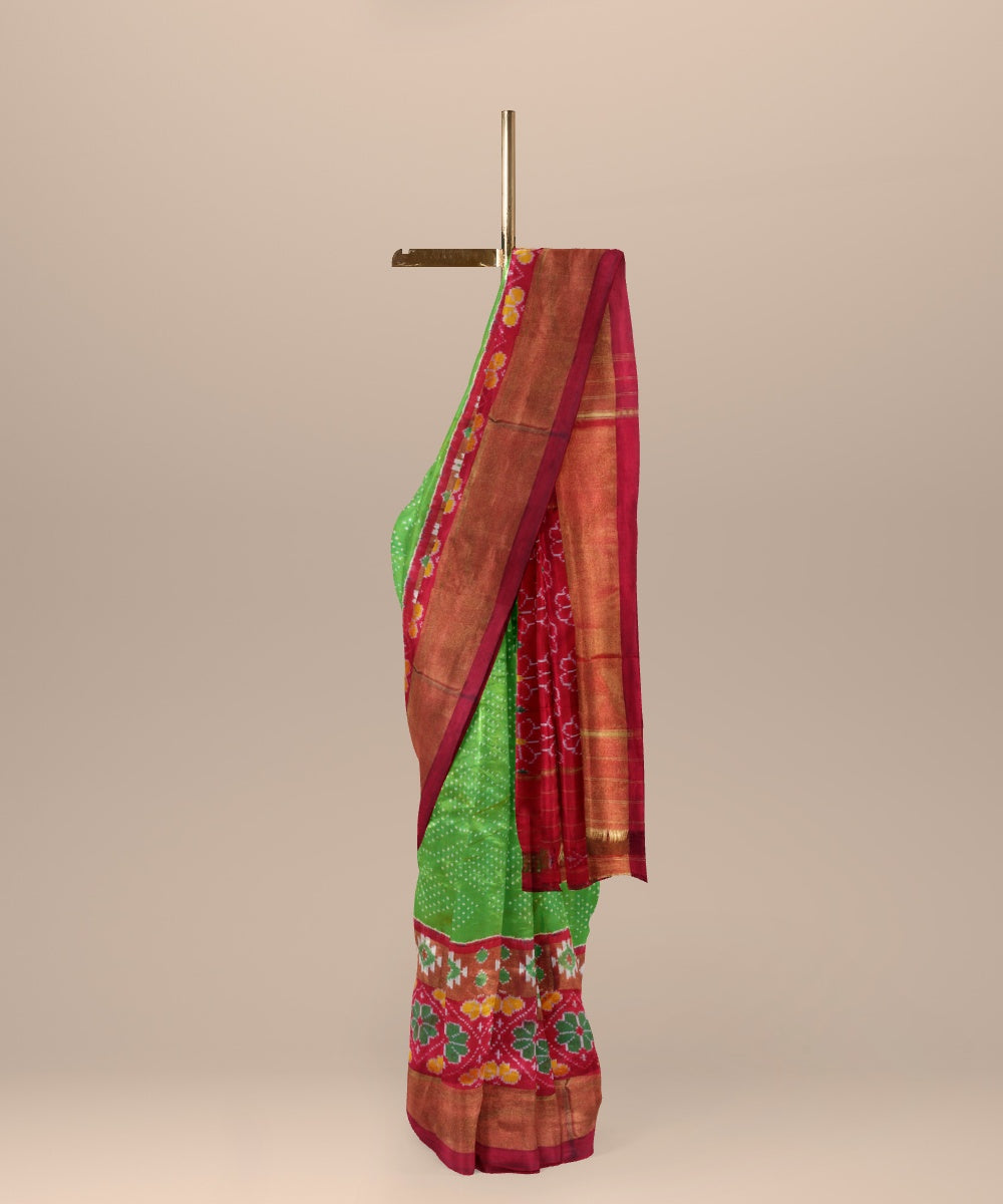 Light green red handwoven pochampally ikat silk saree