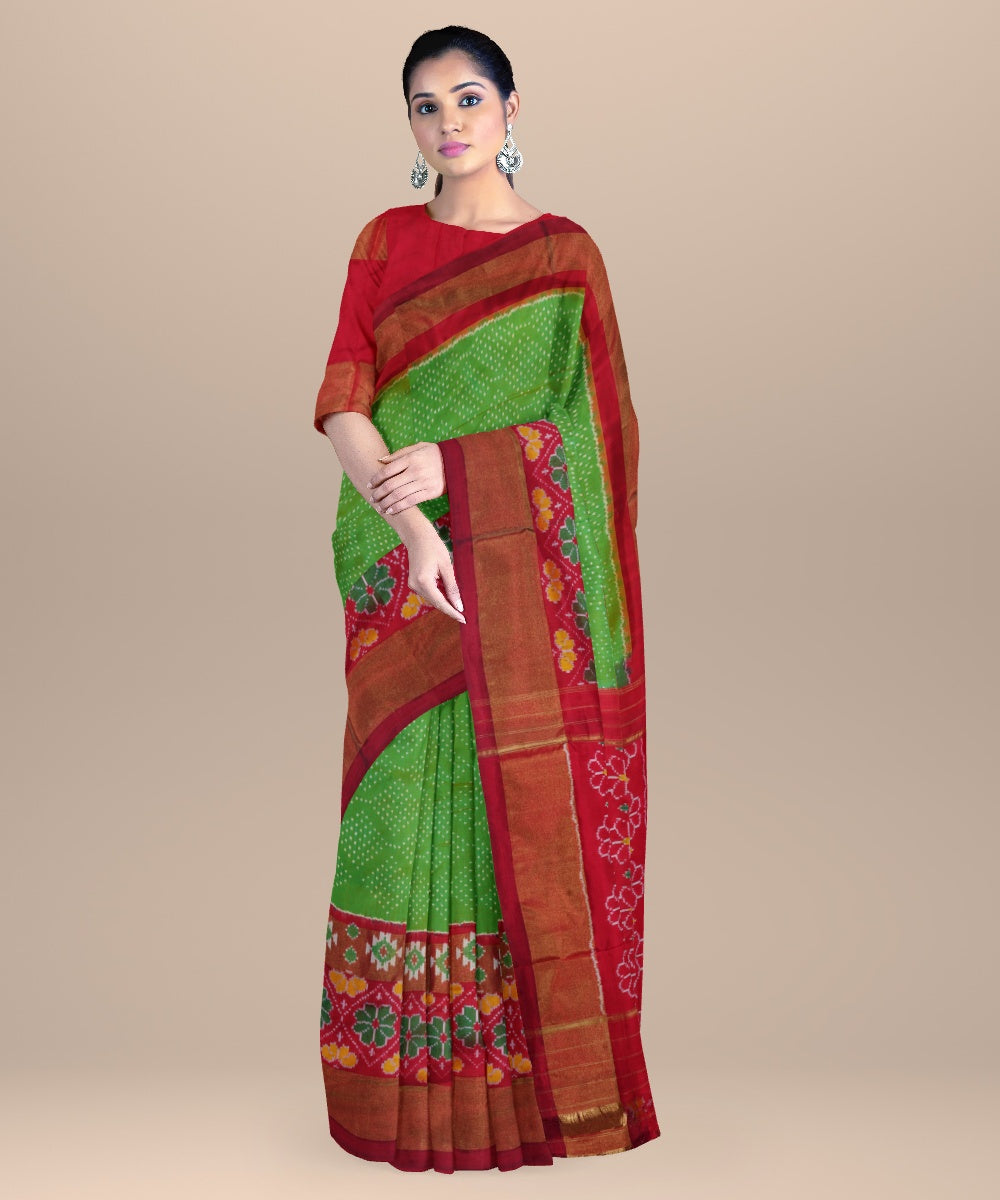 Light green red handwoven pochampally ikat silk saree