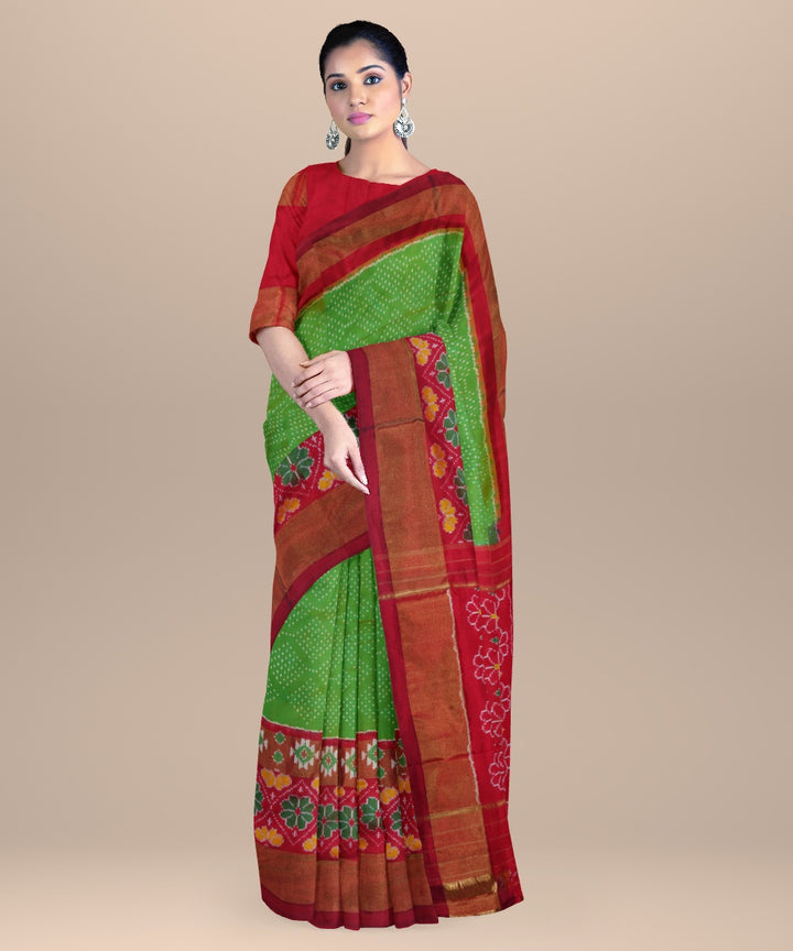 Light green red handwoven pochampally ikat silk saree