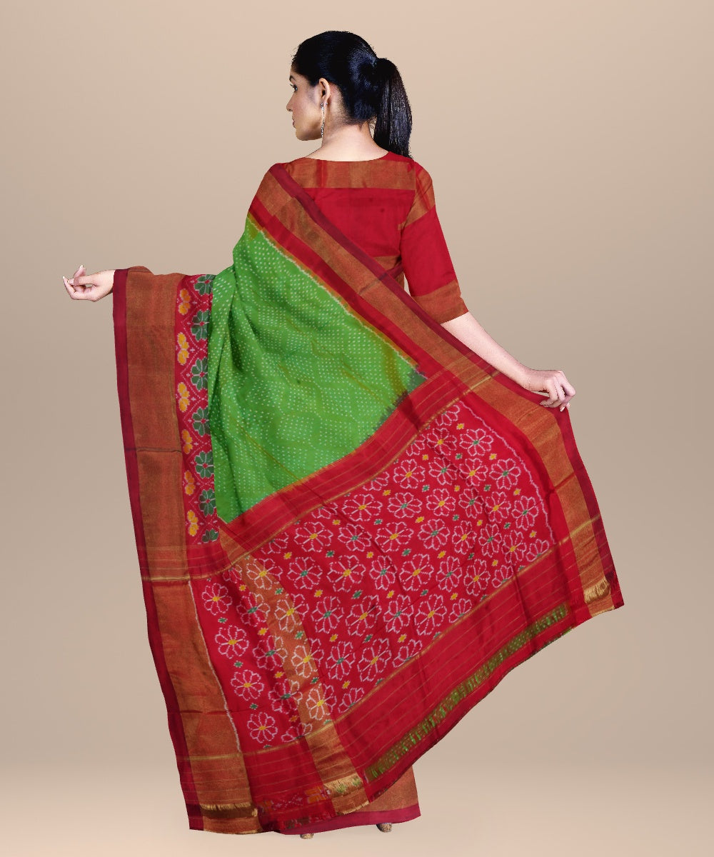 Light green red handwoven pochampally ikat silk saree