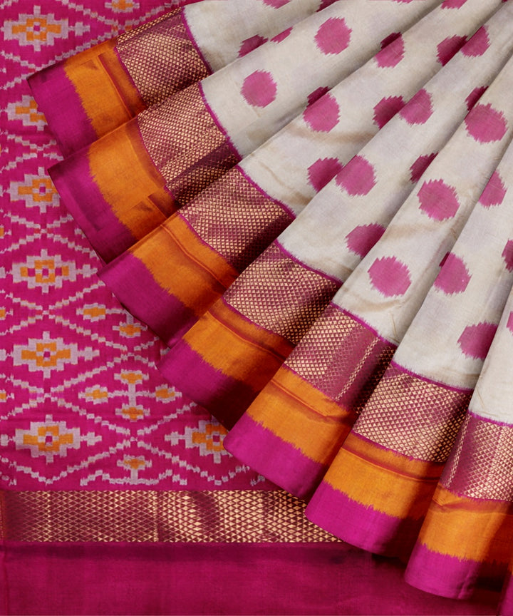 Offwhite hot pink handwoven pochampally ikat silk saree