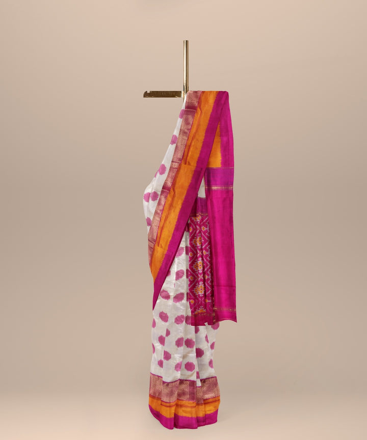 Offwhite hot pink handwoven pochampally ikat silk saree