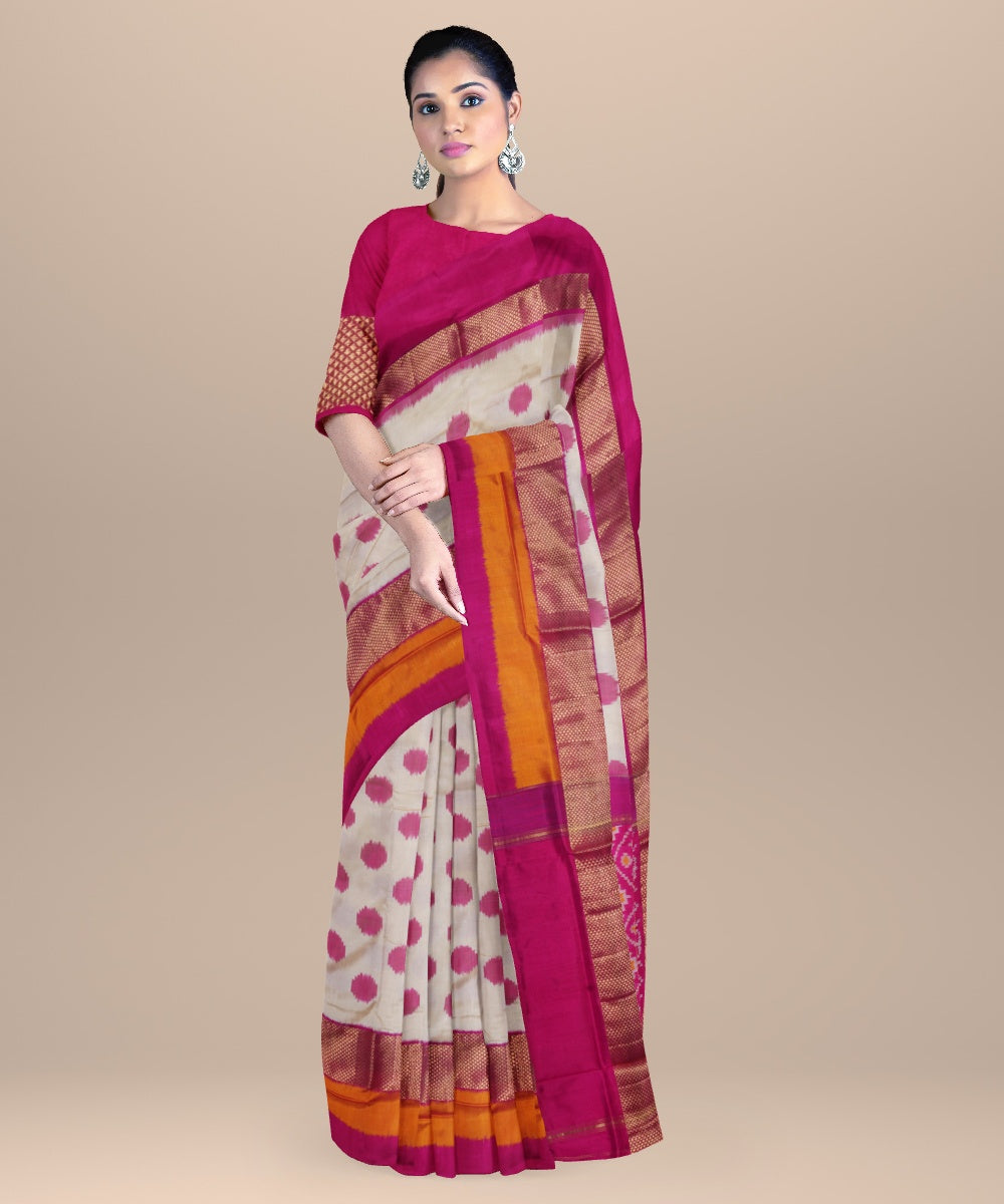 Offwhite hot pink handwoven pochampally ikat silk saree