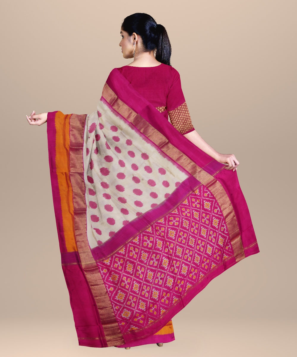 Offwhite hot pink handwoven pochampally ikat silk saree