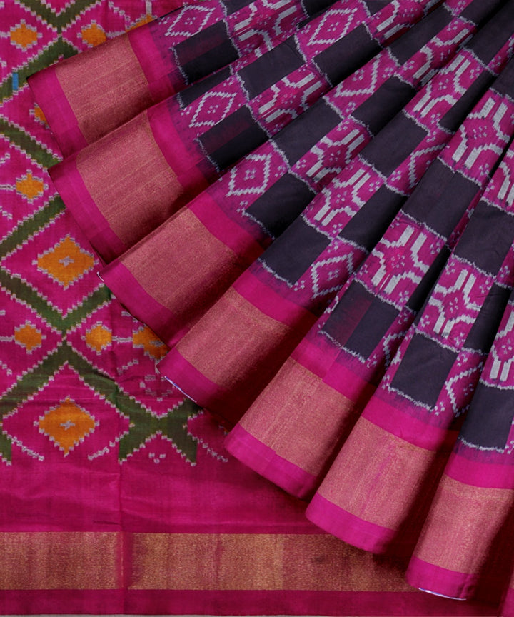 Black pink handwoven pochampally ikat silk saree