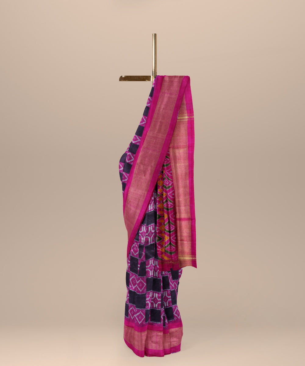 Black pink handwoven pochampally ikat silk saree