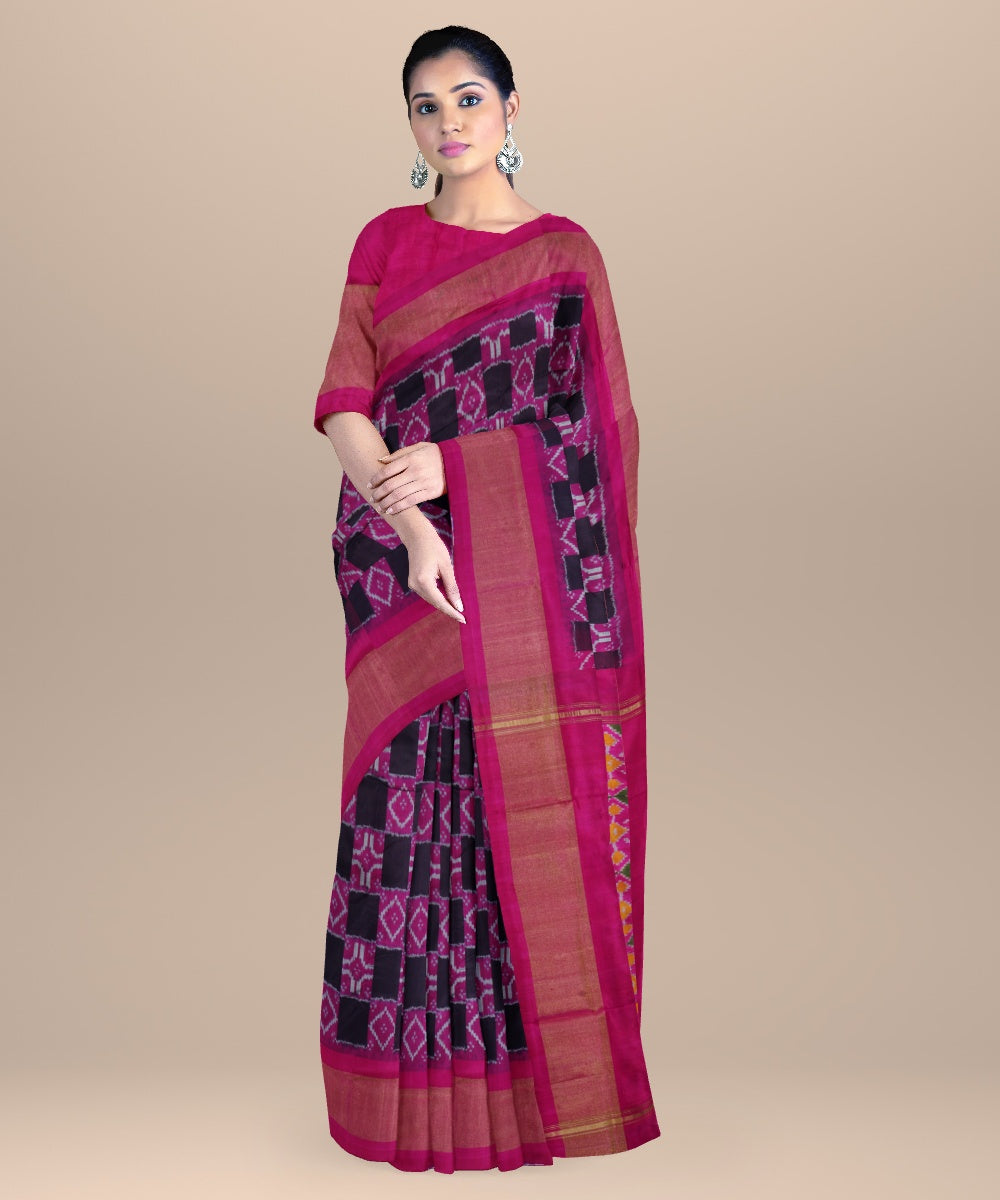 Black pink handwoven pochampally ikat silk saree