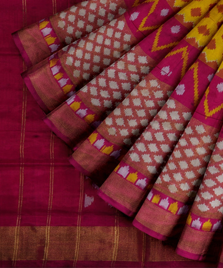 Pink yellow handwoven pochampally ikat silk saree