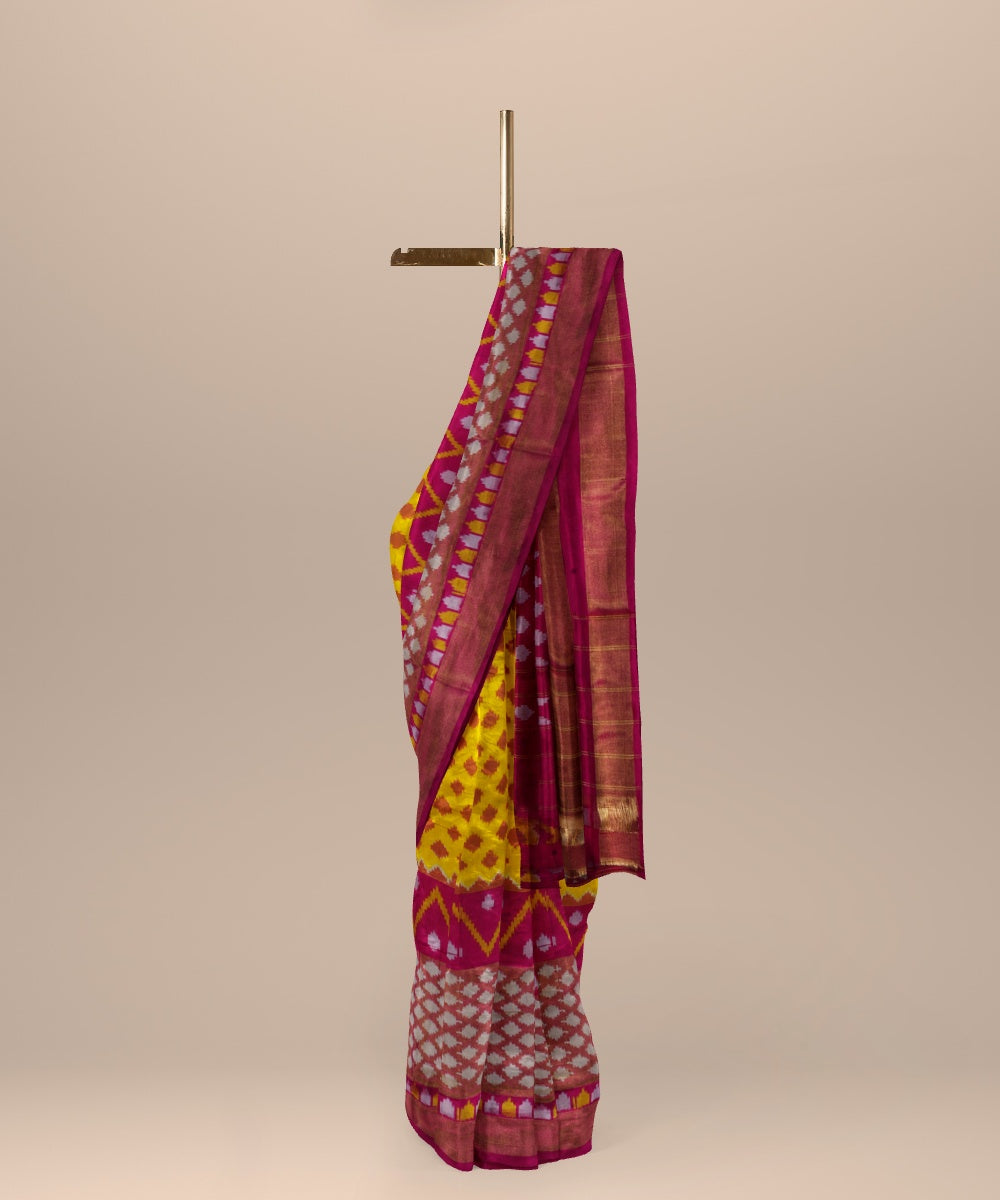 Pink yellow handwoven pochampally ikat silk saree