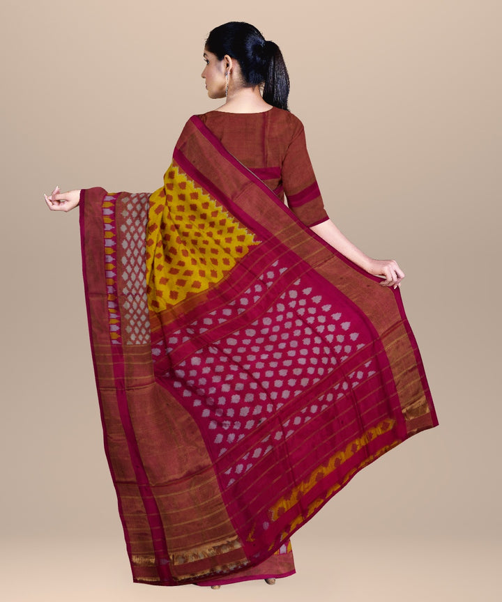 Pink yellow handwoven pochampally ikat silk saree