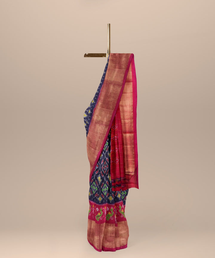 Pink blue handwoven pochampally ikat silk saree