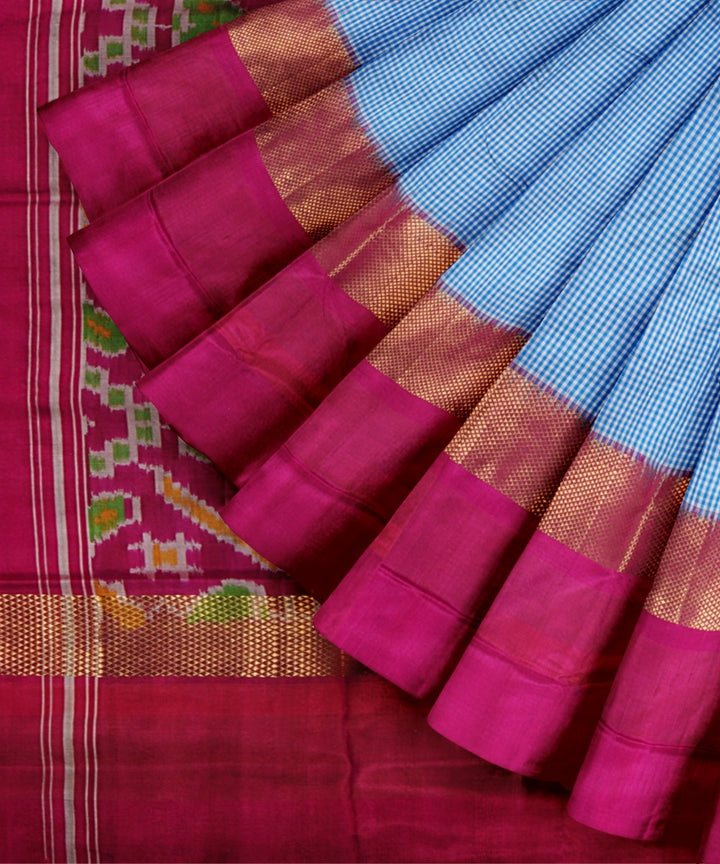 Cornflower blue pink handwoven pochampally ikat silk saree