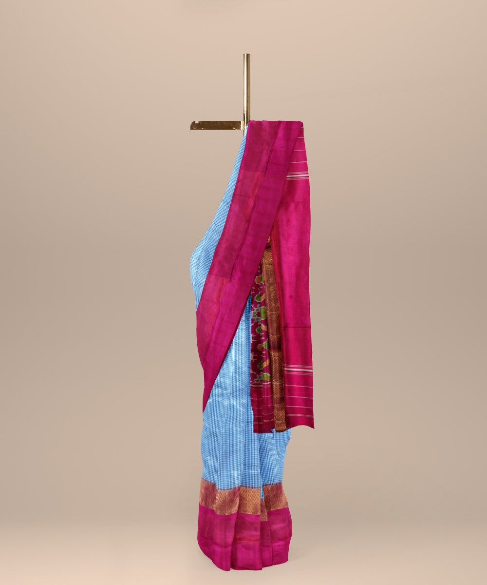 Cornflower blue pink handwoven pochampally ikat silk saree