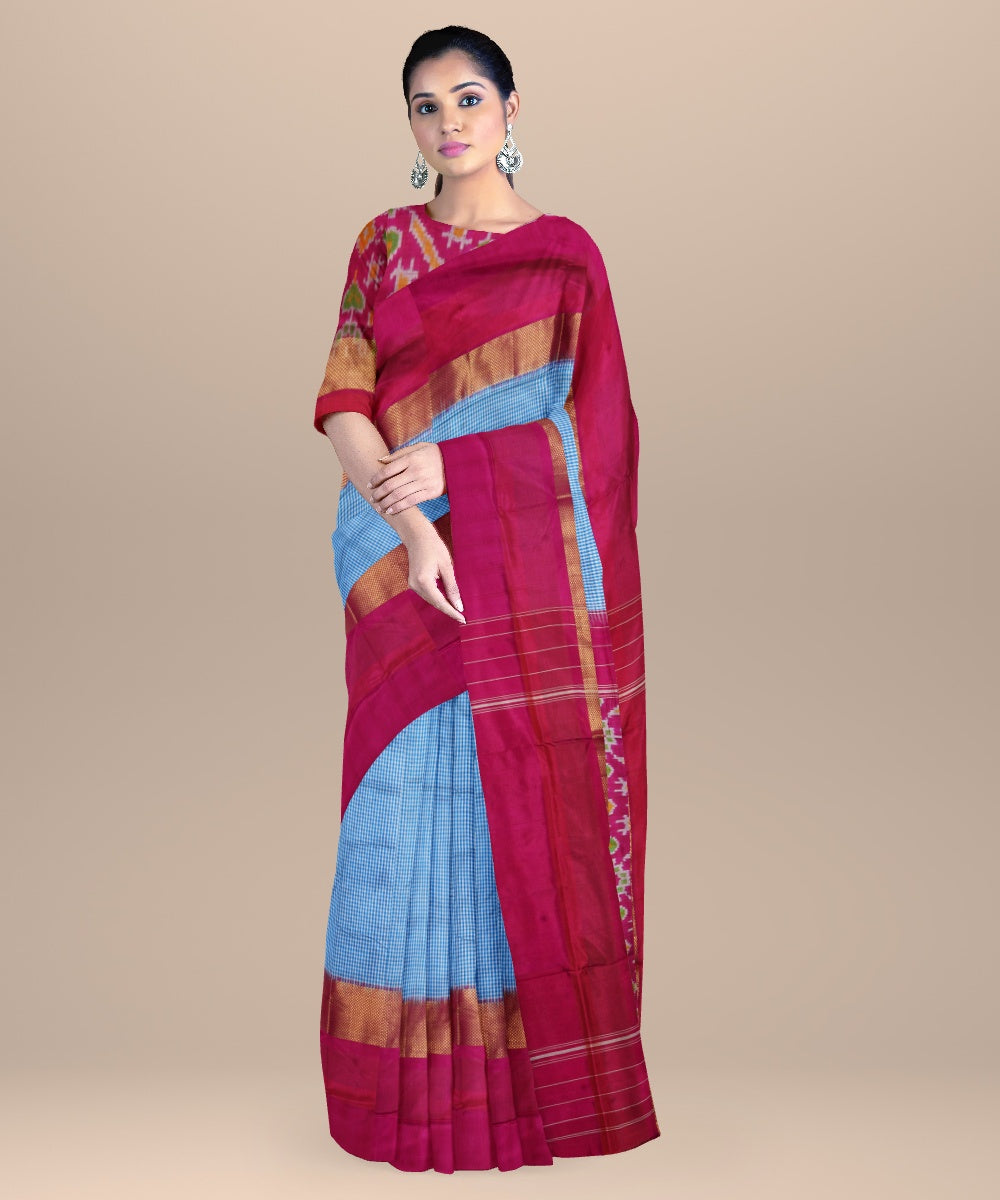 Cornflower blue pink handwoven pochampally ikat silk saree