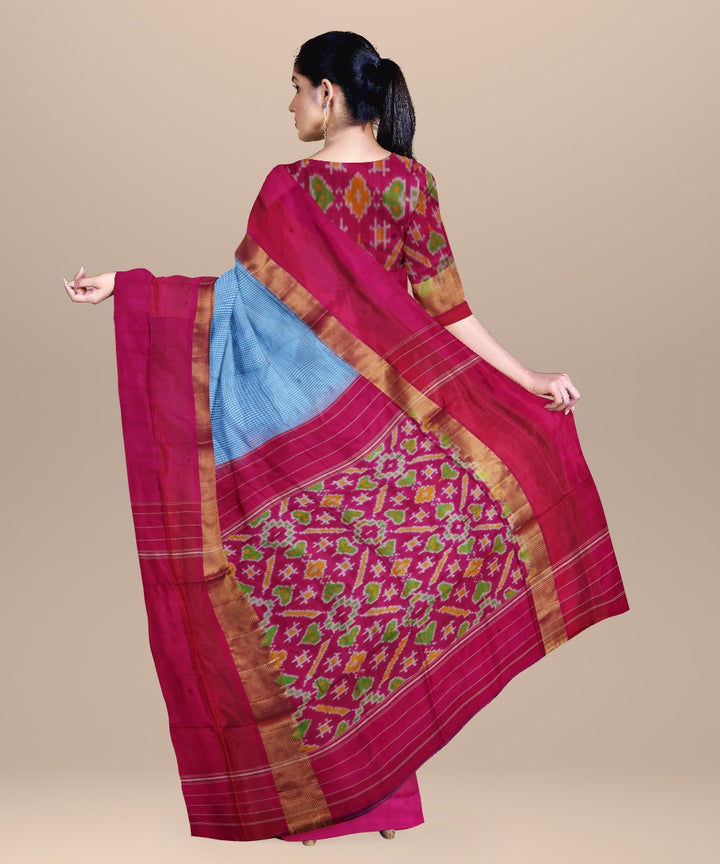 Cornflower blue pink handwoven pochampally ikat silk saree