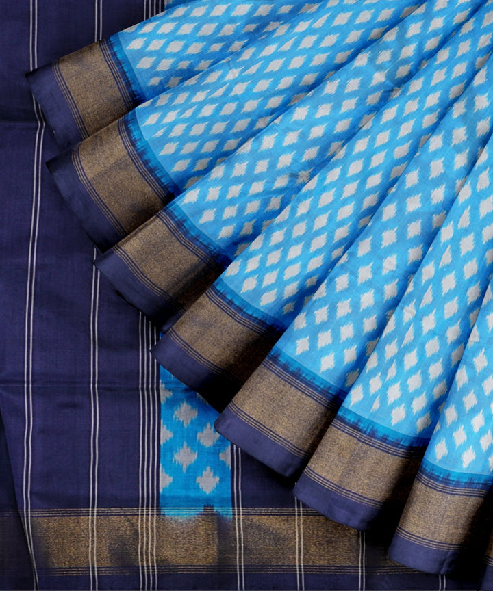 Sky blue navy blue handwoven pochampally ikat silk saree