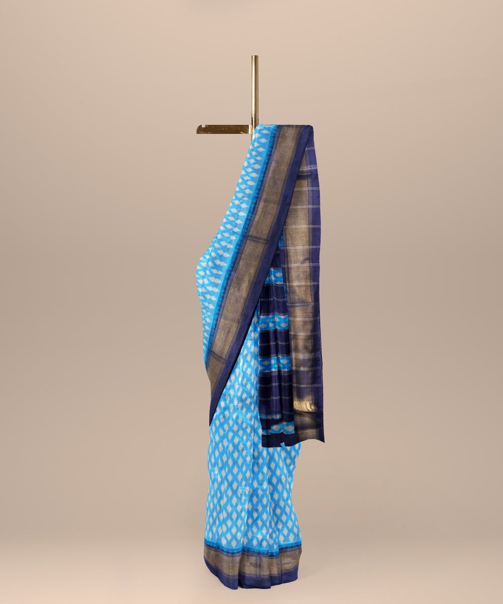 Sky blue navy blue handwoven pochampally ikat silk saree