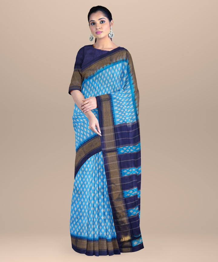 Sky blue navy blue handwoven pochampally ikat silk saree