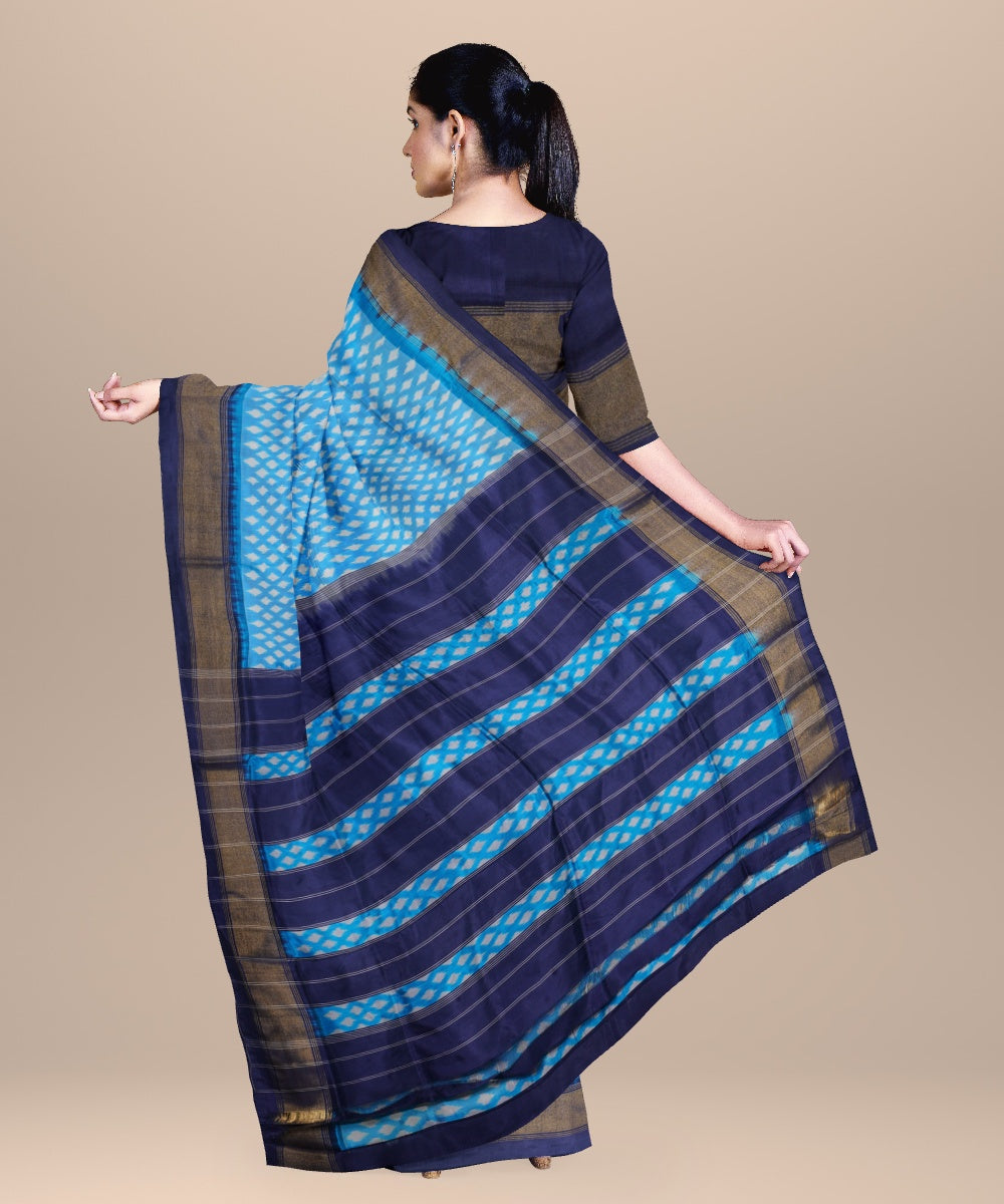 Sky blue navy blue handwoven pochampally ikat silk saree