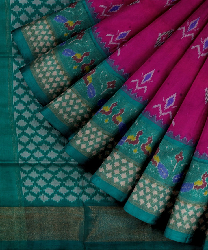 Raspberry pink dark green handwoven pochampally ikat silk saree