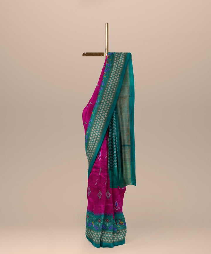 Raspberry pink dark green handwoven pochampally ikat silk saree