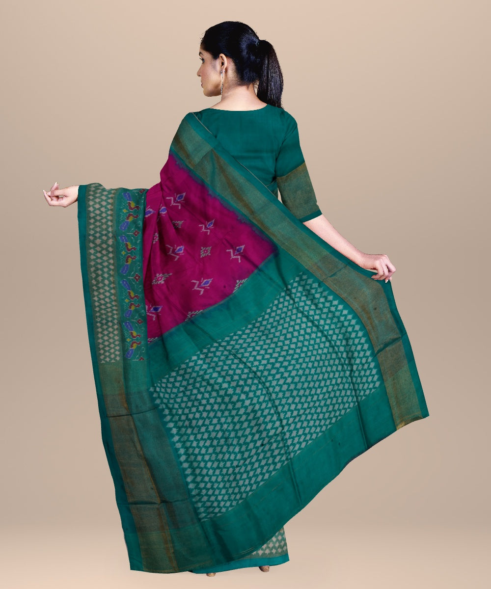 Raspberry pink dark green handwoven pochampally ikat silk saree