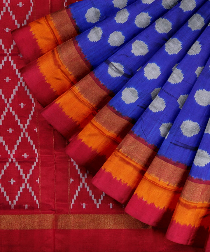 Blue red handloom pochampally ikat silk saree