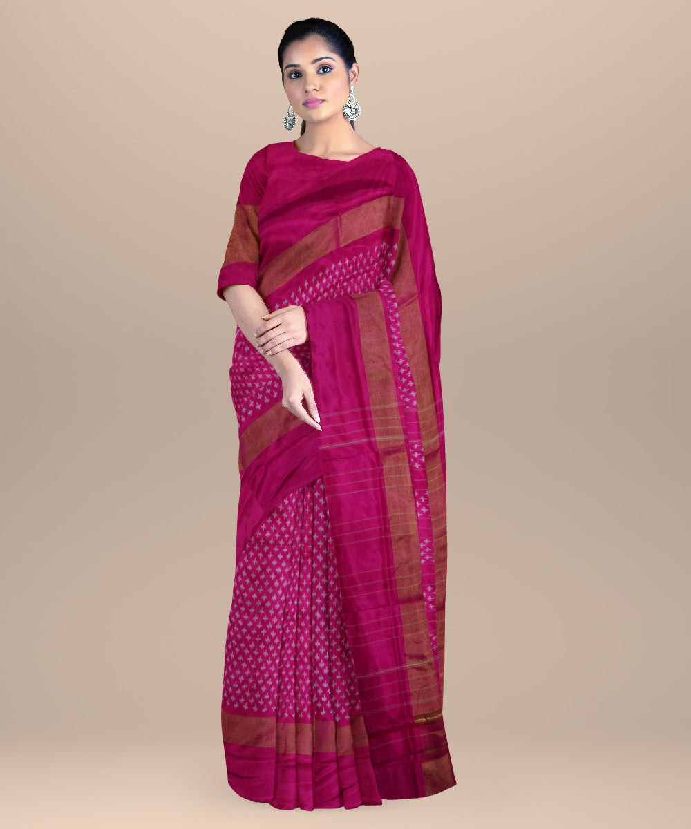 Mulberry pink offwhite handwoven pochampally ikat silk saree