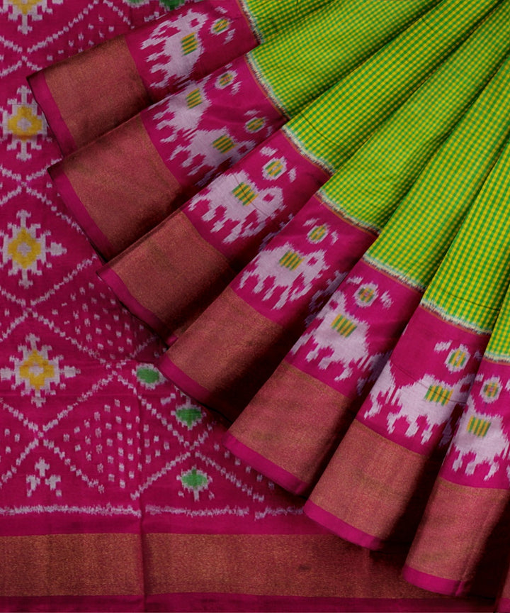 Grass green pink handwoven pochampally ikat silk saree