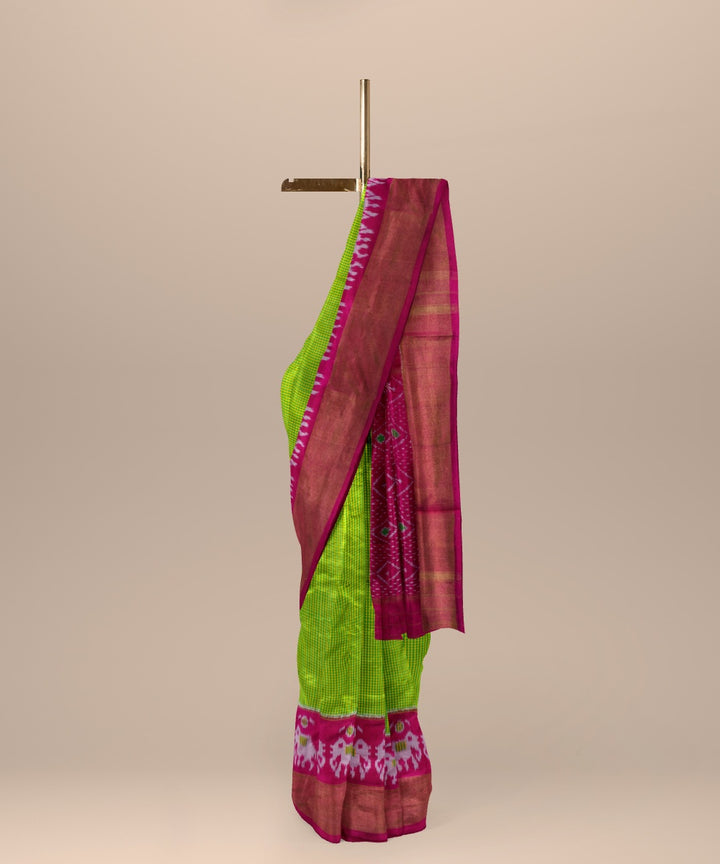 Grass green pink handwoven pochampally ikat silk saree