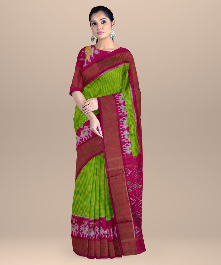 Grass green pink handwoven pochampally ikat silk saree