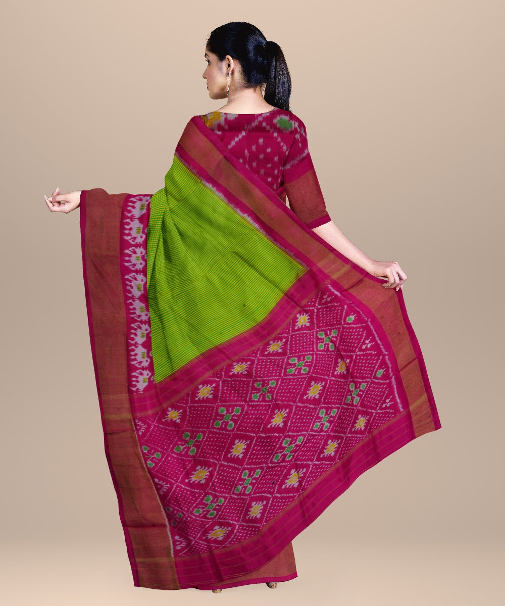 Grass green pink handwoven pochampally ikat silk saree